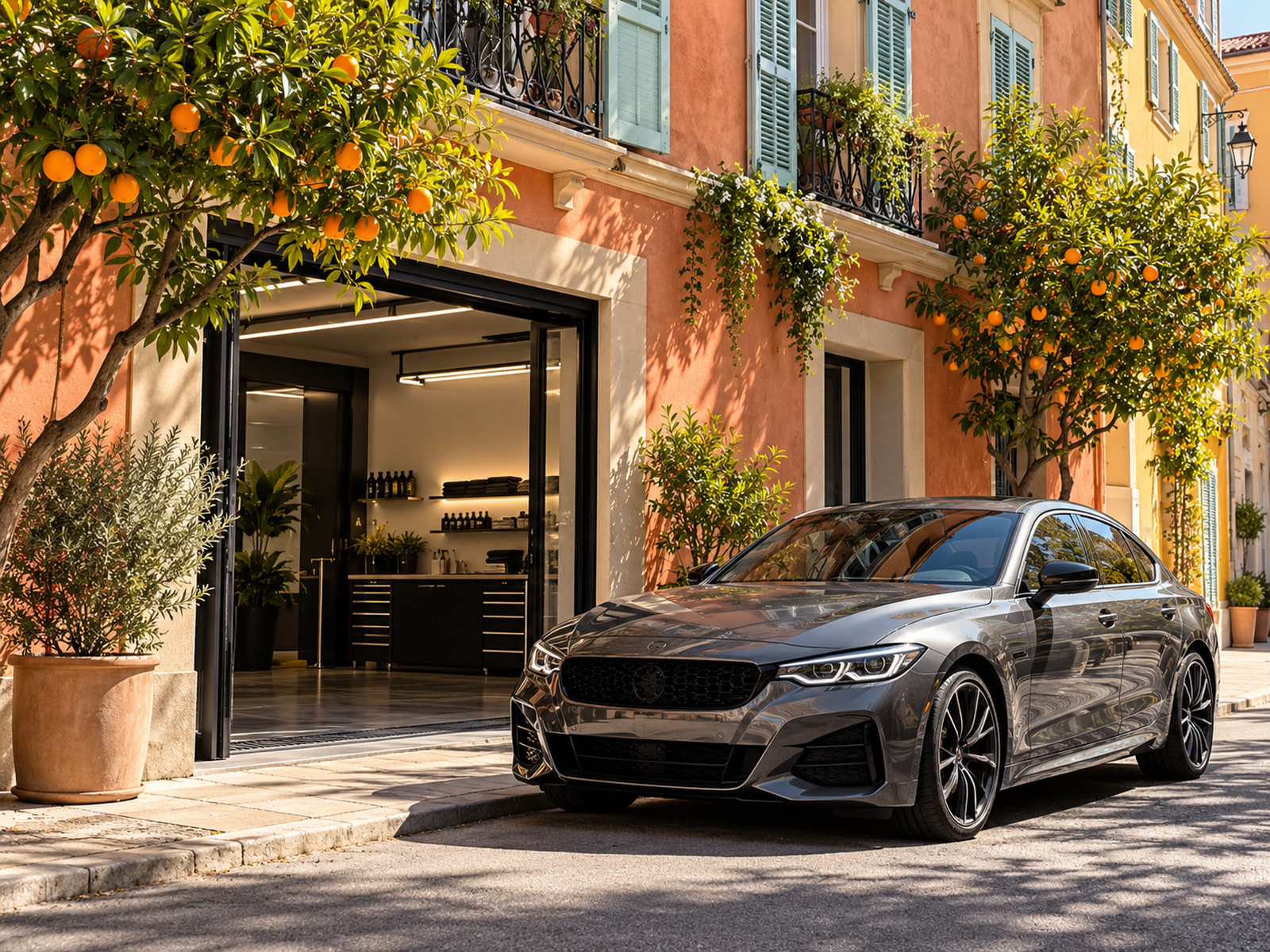 façade niçoise colorée avec orangers