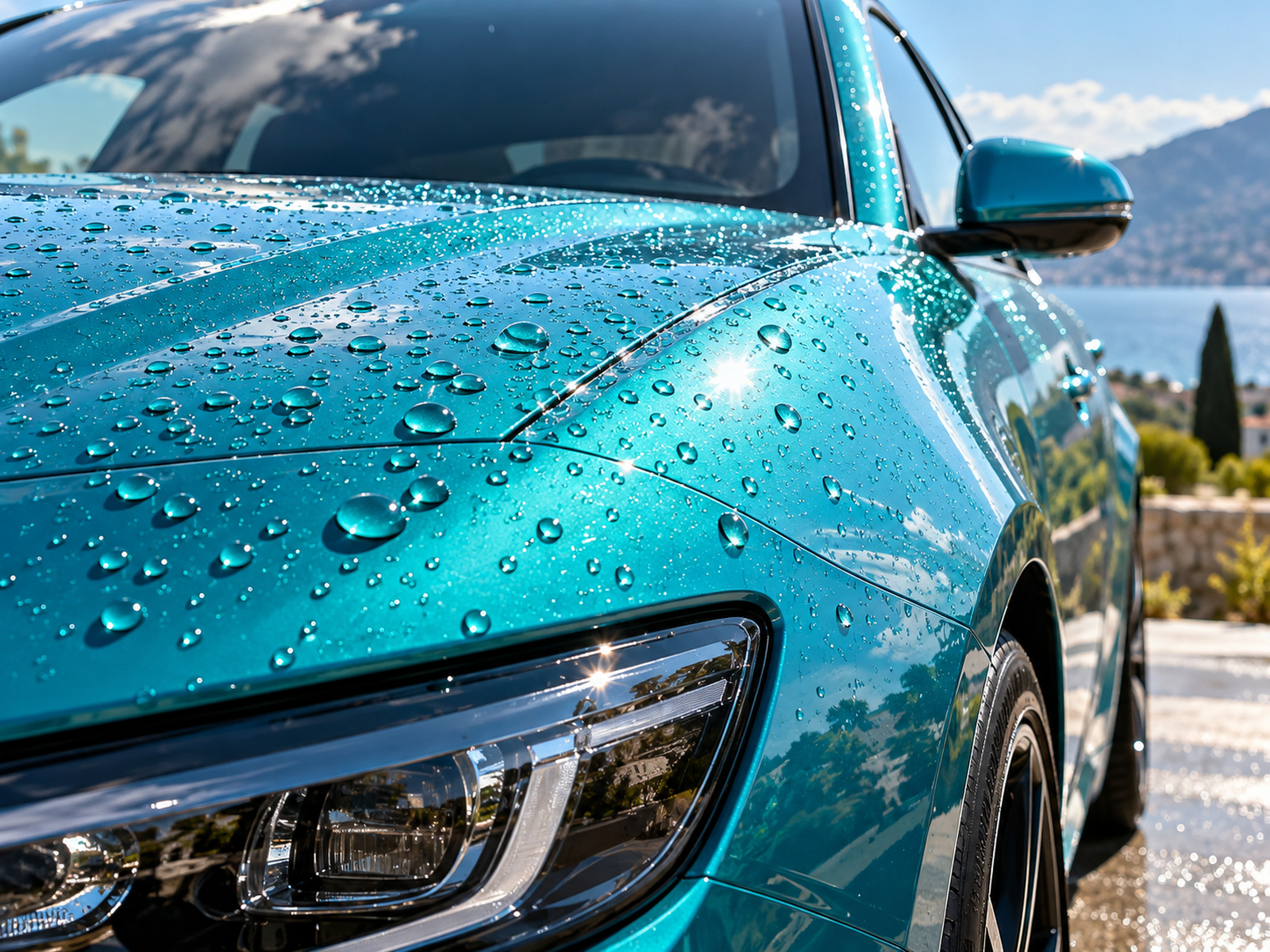 gouttes sur une carrosserie turquoise