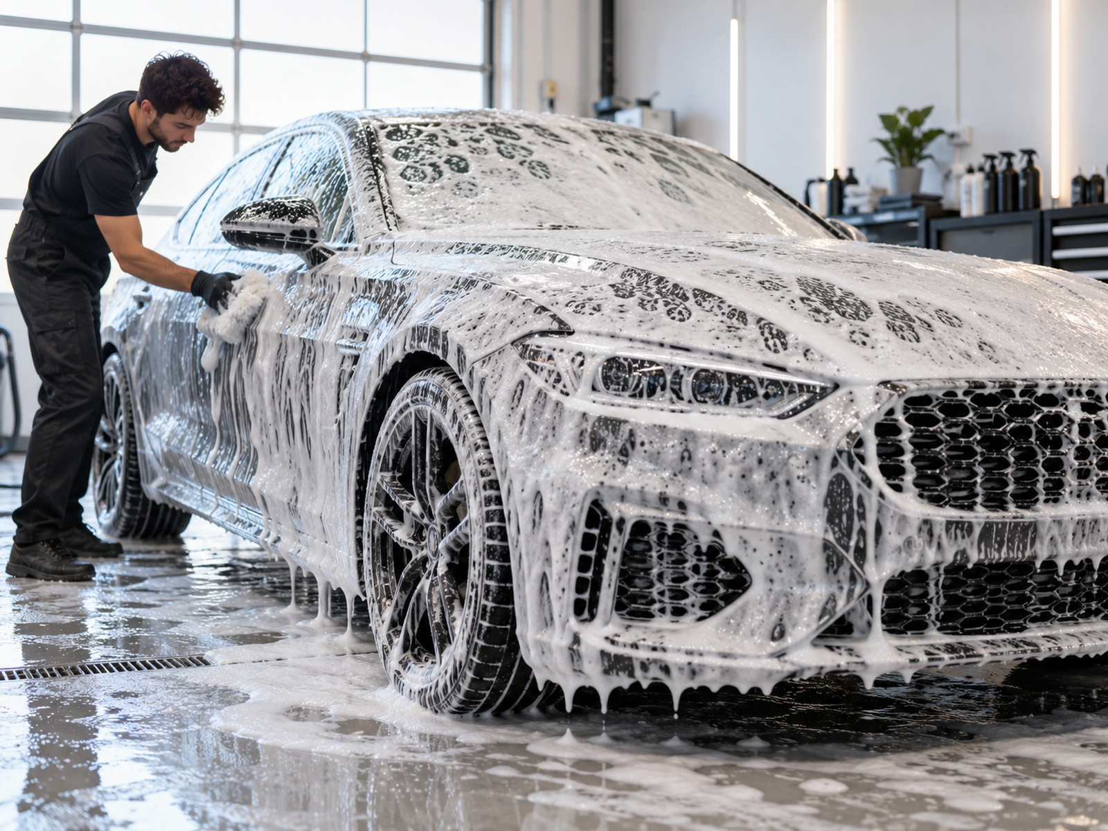 voiture couverte de mousse blanche